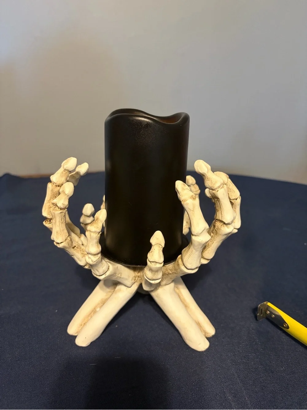 Spooky Halloween Skeleton Hands Table Top Candle Holder With LED Black Candle.